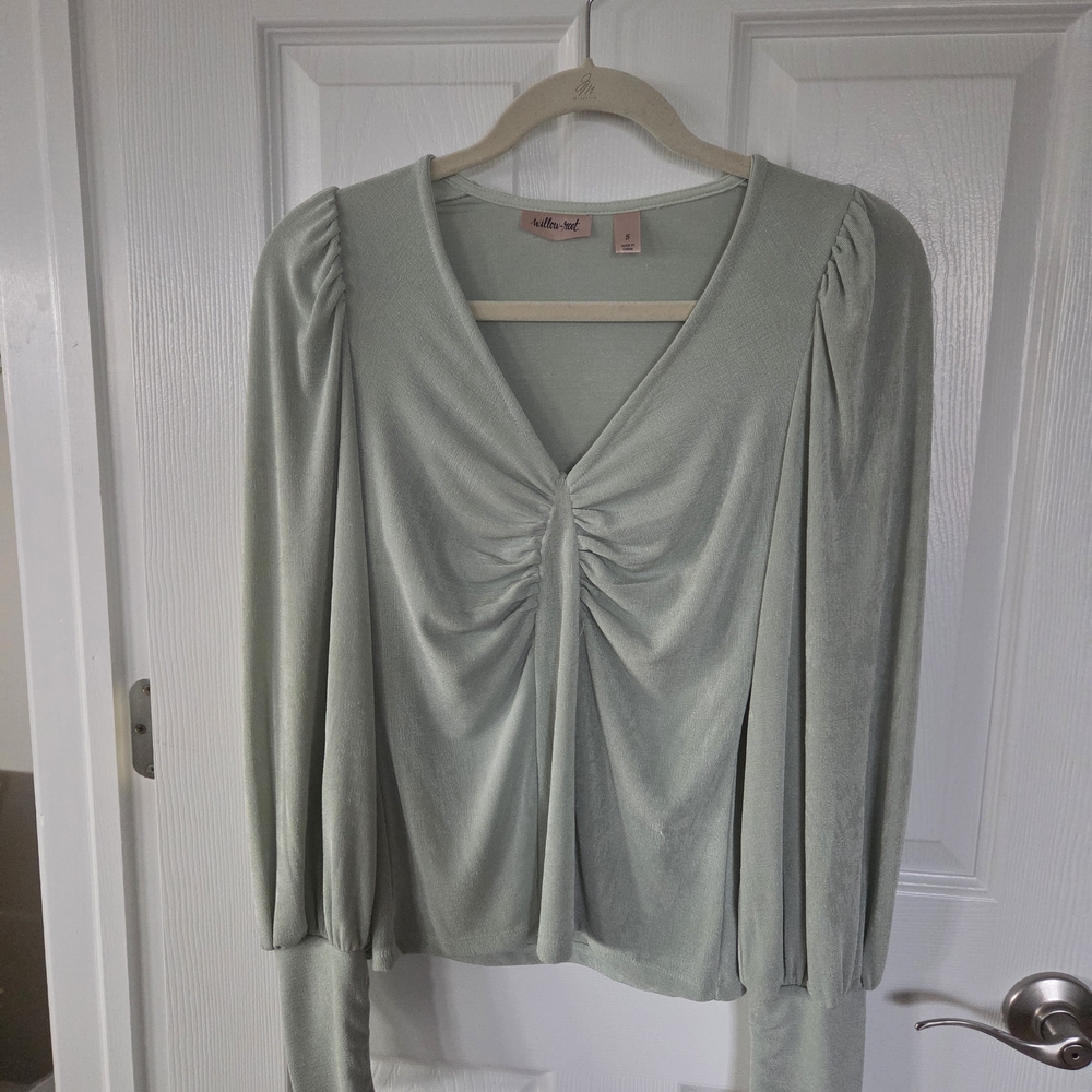 Willow Sage Ruched V-Neck Blouse